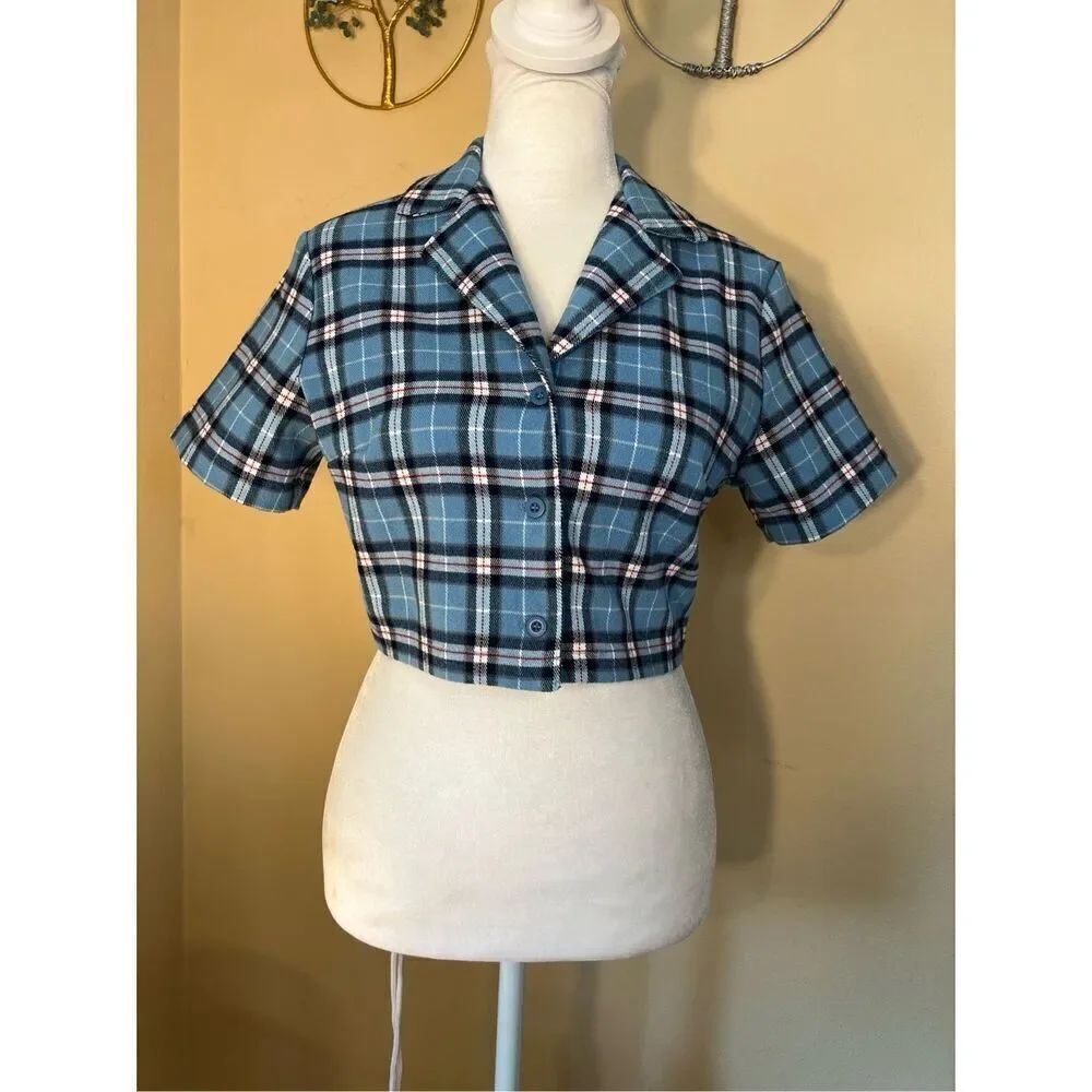 John Galt Blue Plaid Cropped Button Front Top One Size (XS / S)